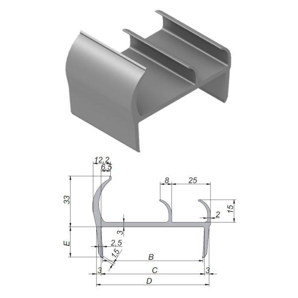 Thumb do produto Perfil Borracha/PVC Portas C66.7xE20x33x15mm (3mt) Cinzento MGO